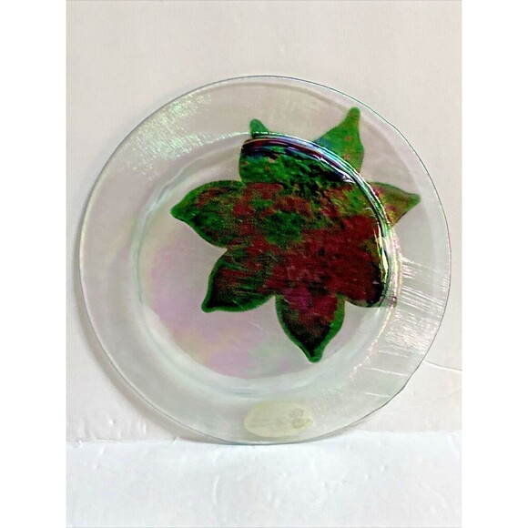 Jan Mitchell Fused Iridescent Clear Glass Plate Red Poinsettia Signed 7.5" New - Picture 5 of 6